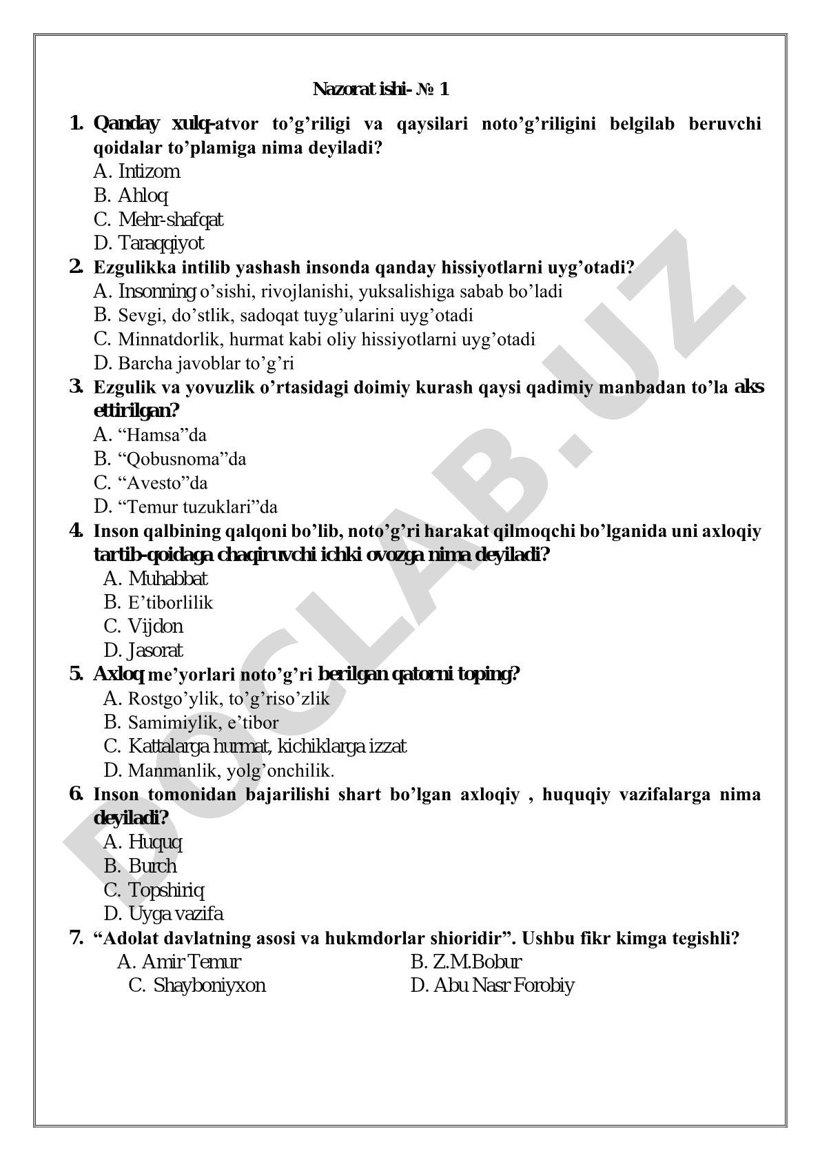 Axloq fanidan test savollari
