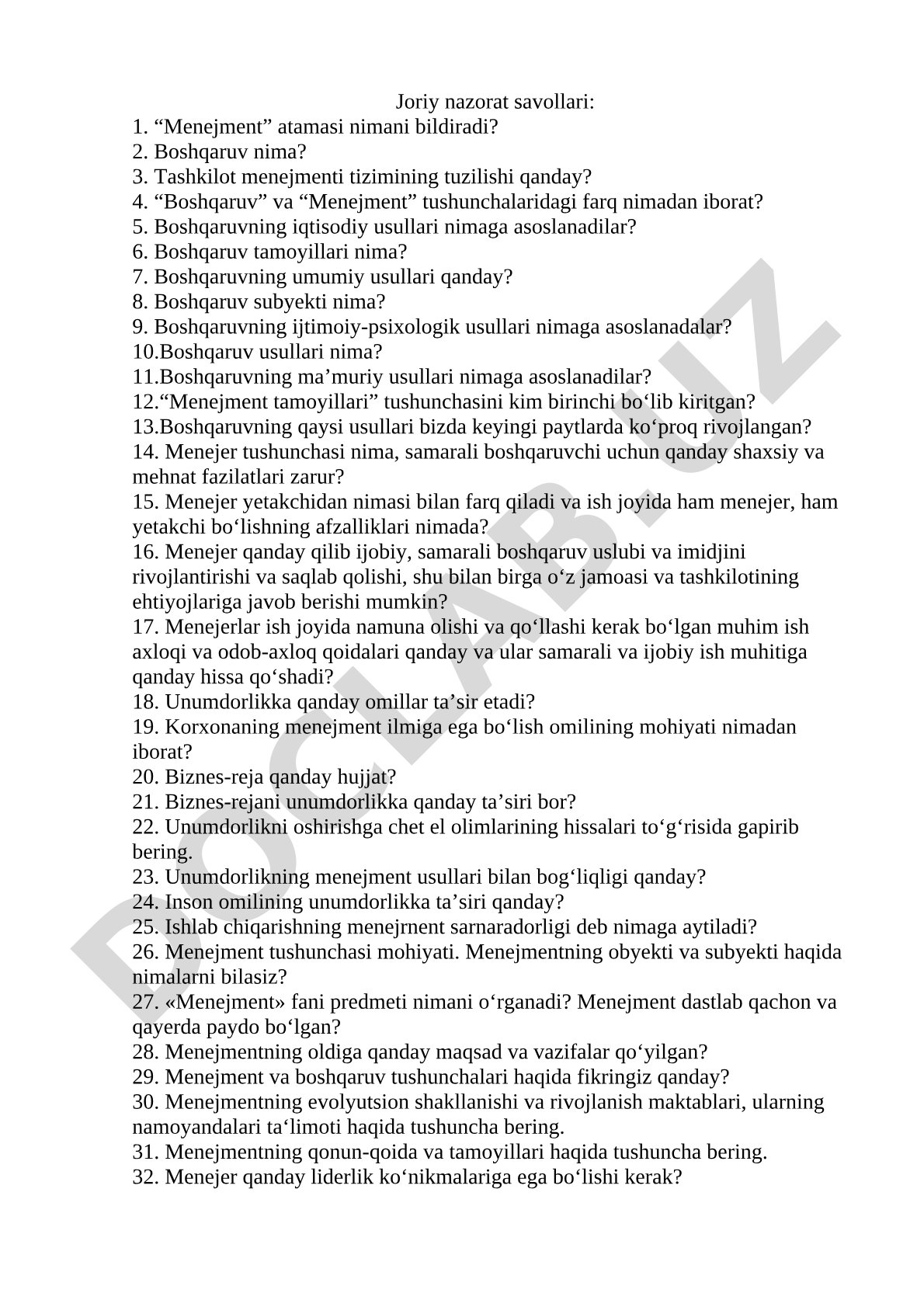 Menejment fanidan joriy nazorat savollari