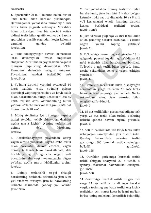 Kinematika masalalari va ularning yechimlari