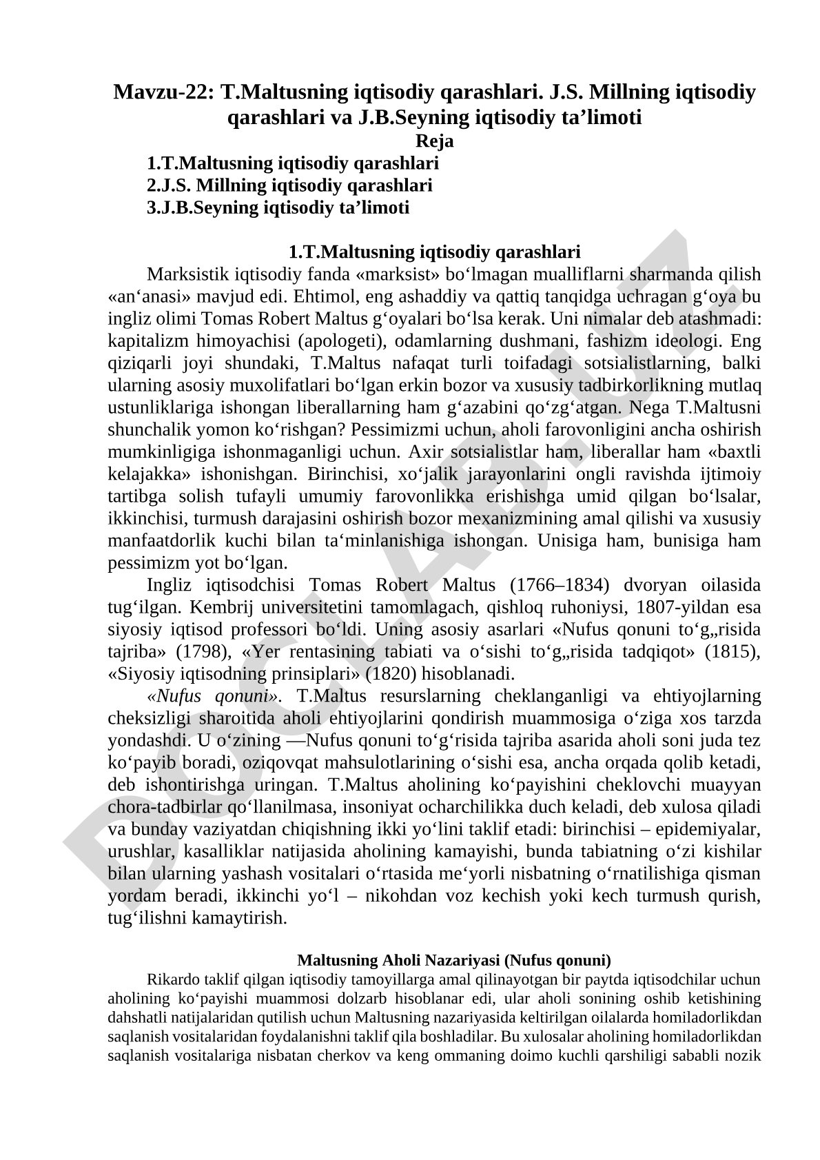 T.Maltusning iqtisodiy qarashlari. J.S. Millning iqtisodiy qarashlari va J.B.Seyning iqtisodiy ta’limoti