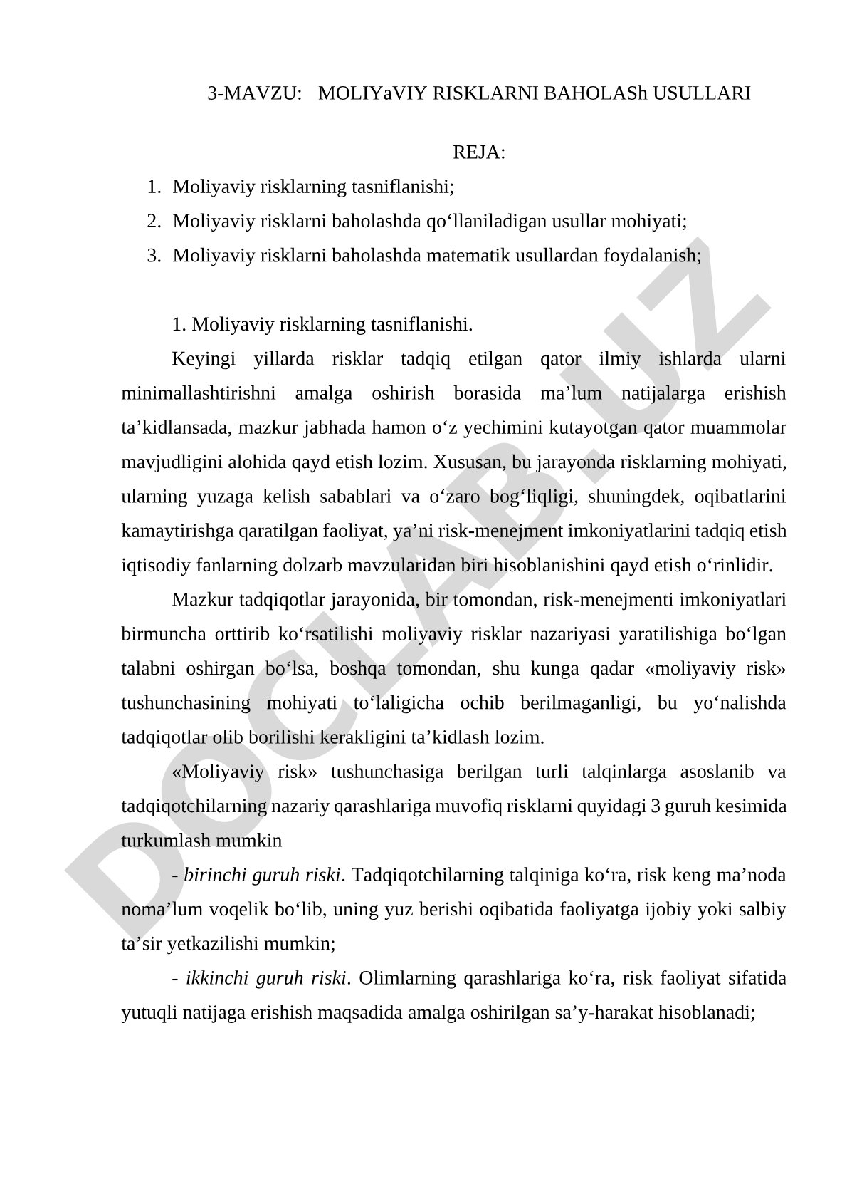 Moliyaviy risklarni baholash usullari