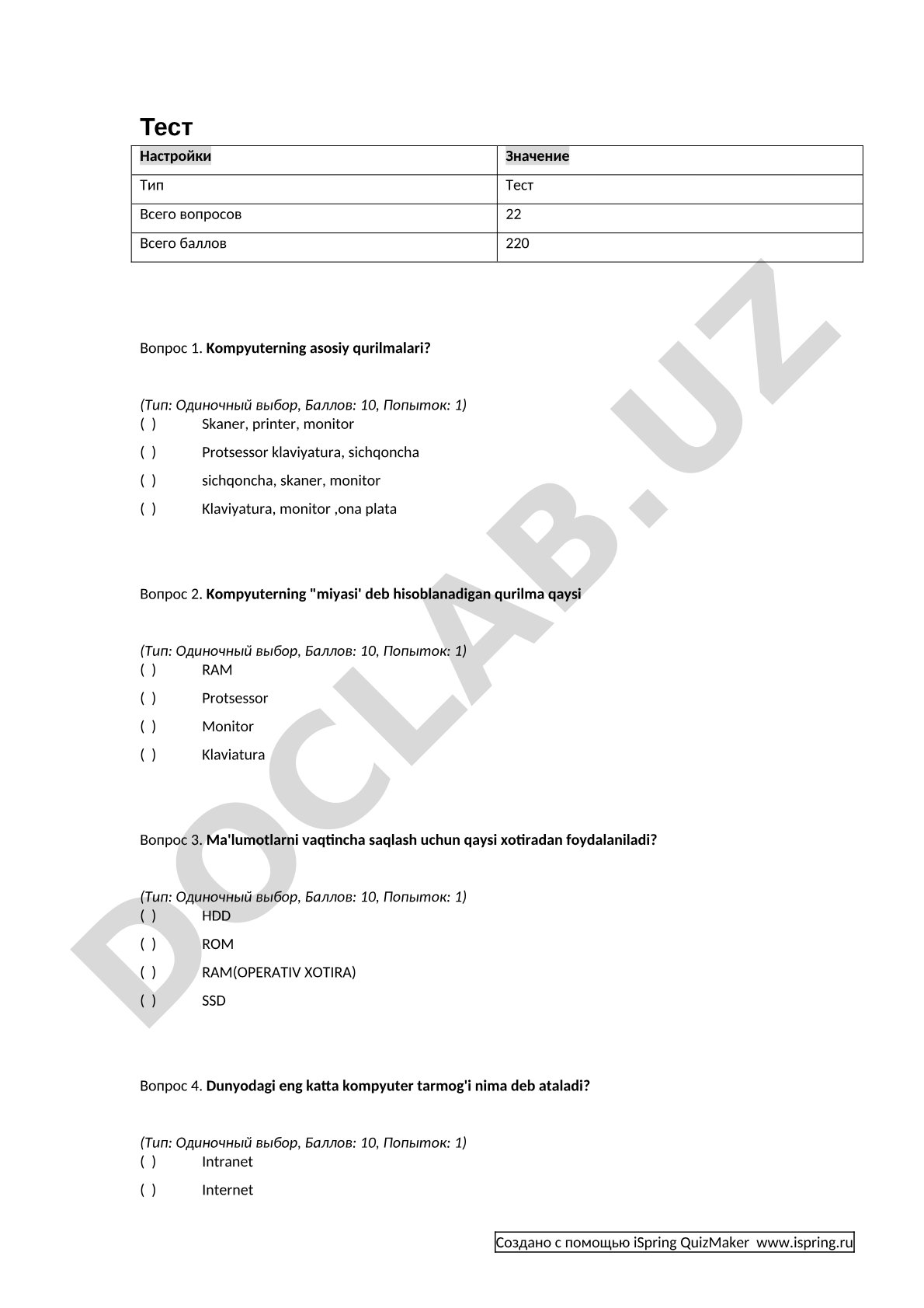 Kompyuter asoslari test
