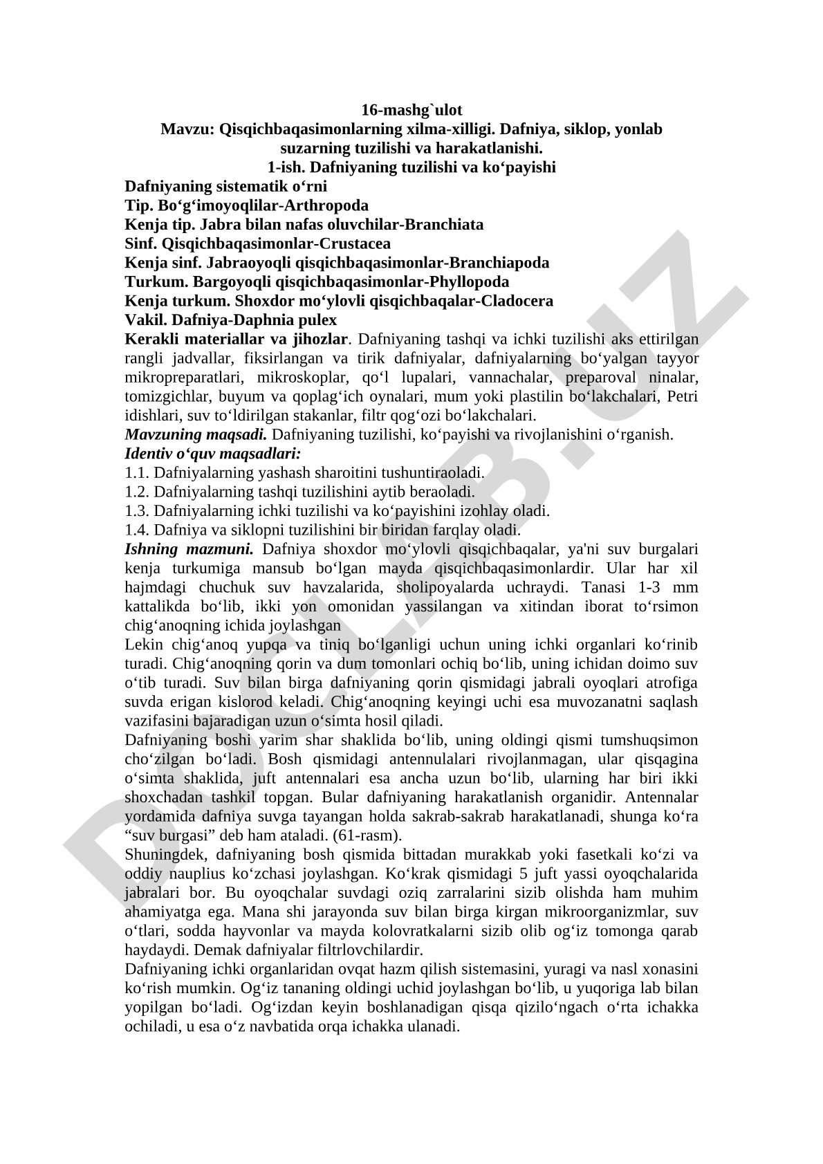 Qisqichbaqasimonlarning xilma-xilligi. Dafniya, siklop, yonlab suzarning tuzilishi va harakatlanishi