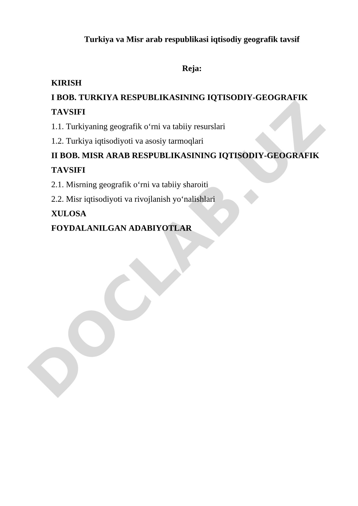 Turkiya va Misr arab respublikasi iqtisodiy geografik tavsif