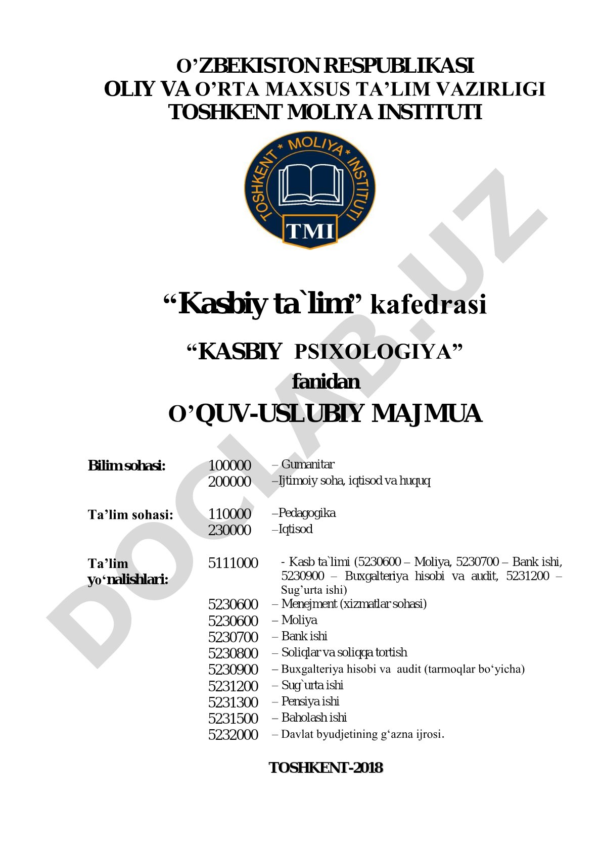 Kasbiy psixologiya fanidan o'quv-uslubiy majmua