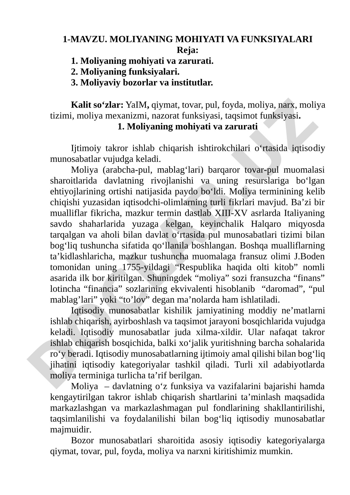 Moliyaning mohiyati va funksiyalari