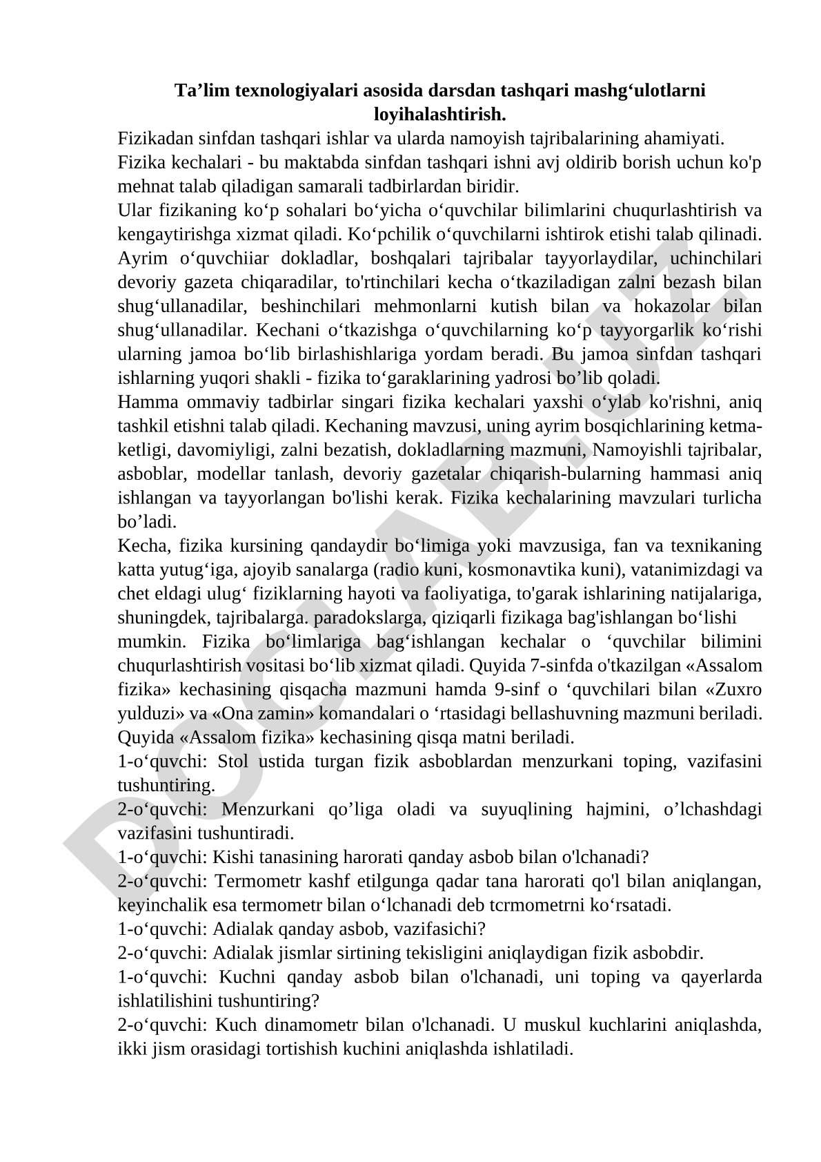 Ta'lim texnologiyalari asosida darsdan tashqari mashg'ulotlarni loyihalashtirish