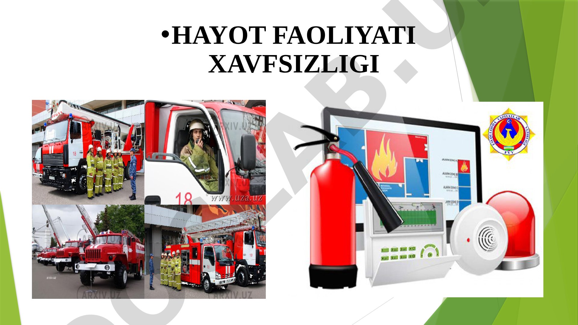 Yong'in xavfsizligi. Yong'in va portlash. Yong'inga qarshi kurash