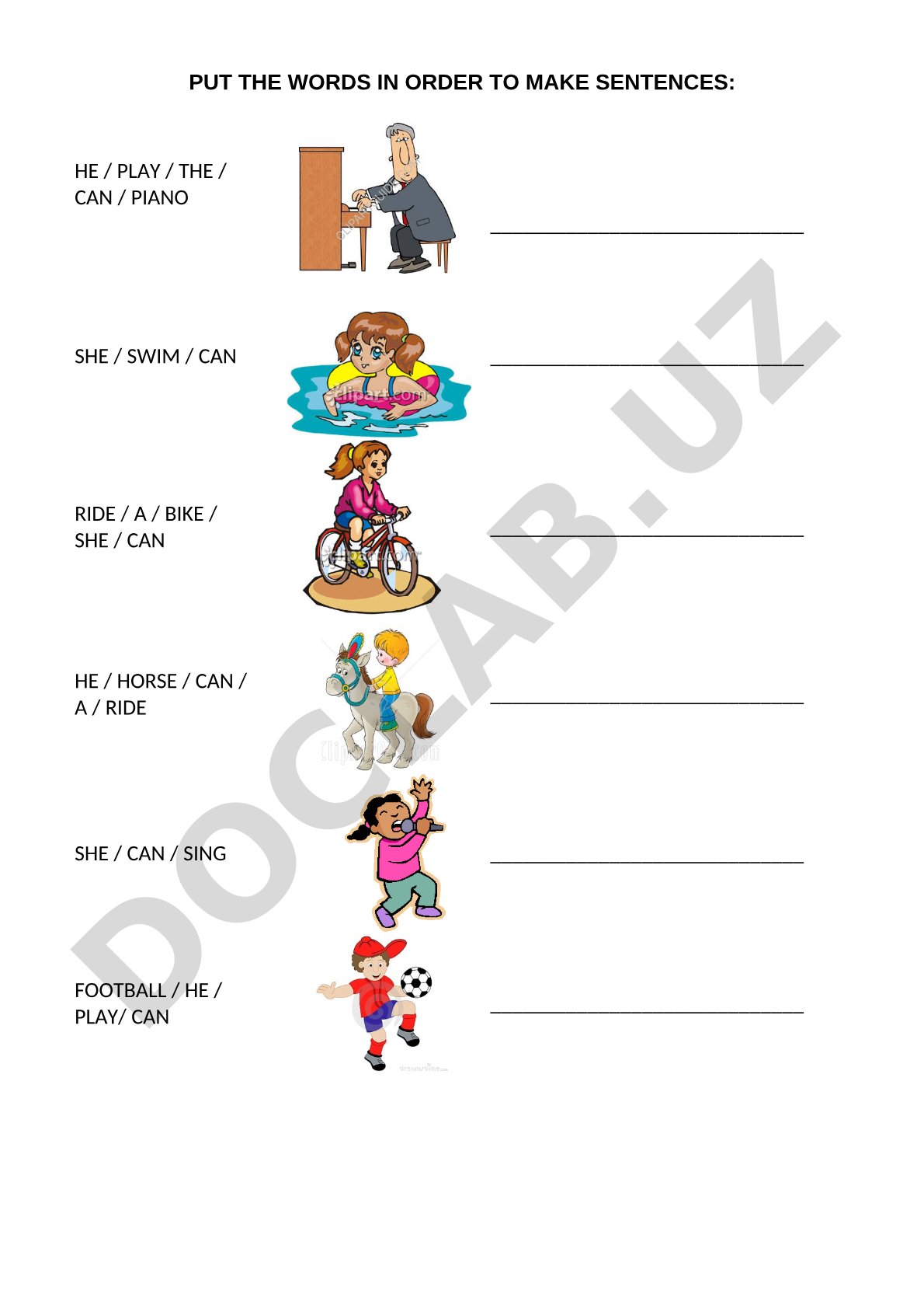 English exercise: arranging words into sentences with can