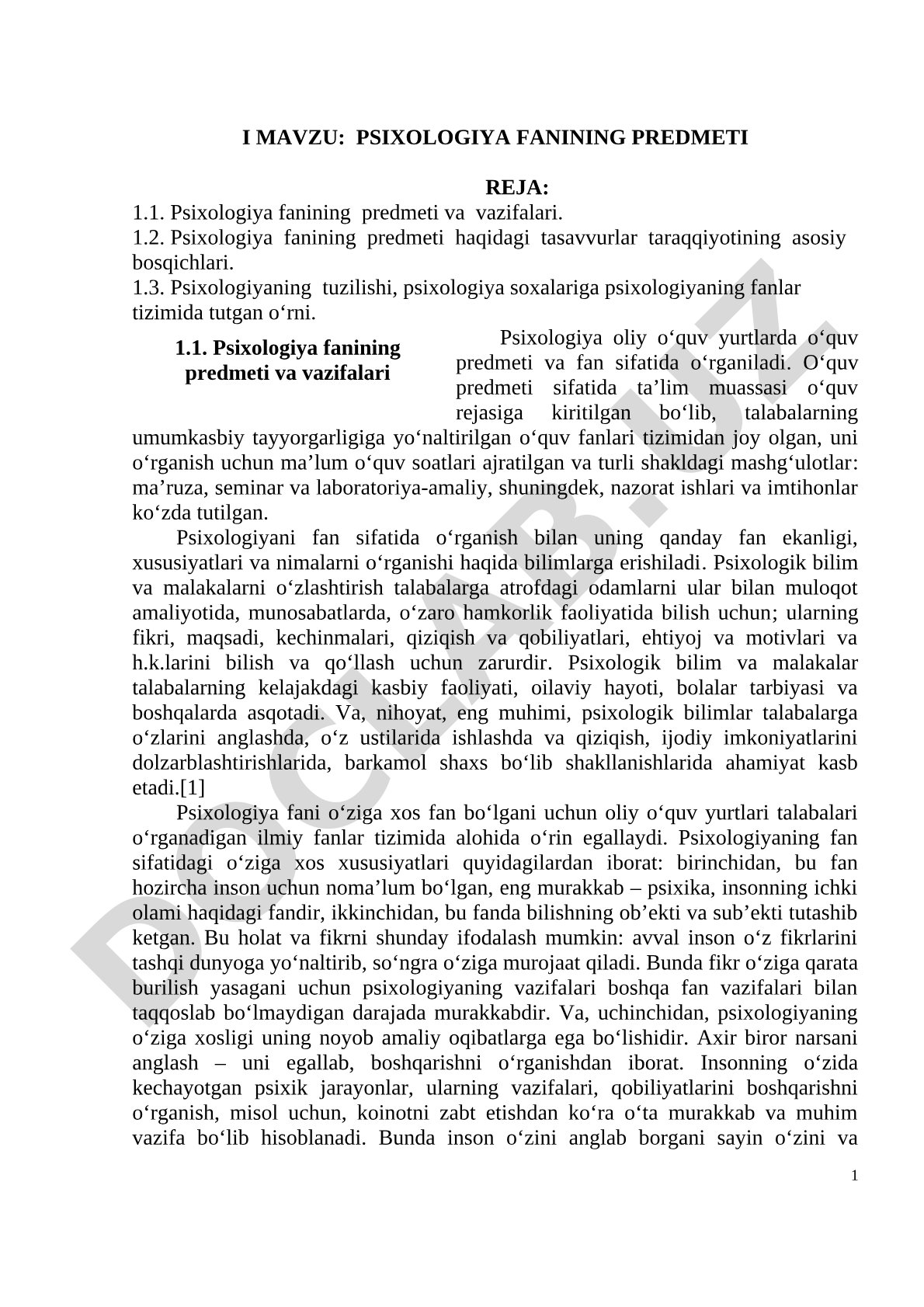 Psixologiya fanining predmeti, vazifalari, tuzilishi va fanlar tizimidagi o'rni haqida