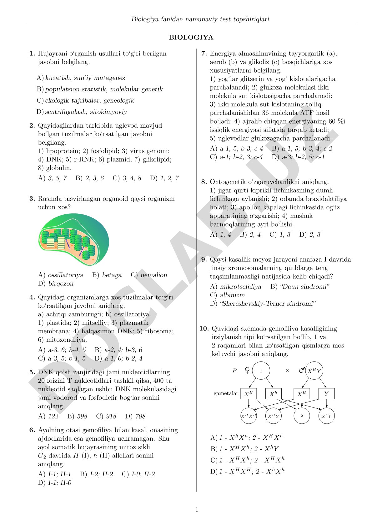 Biologiya fanidan namunaviy test topshiriqlari