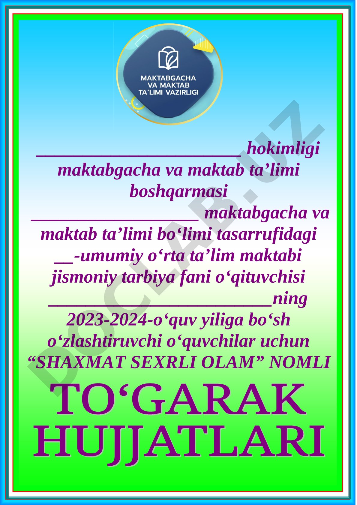 Shaxmat sehrli olam to‘garagi mashg‘ulot rejasi