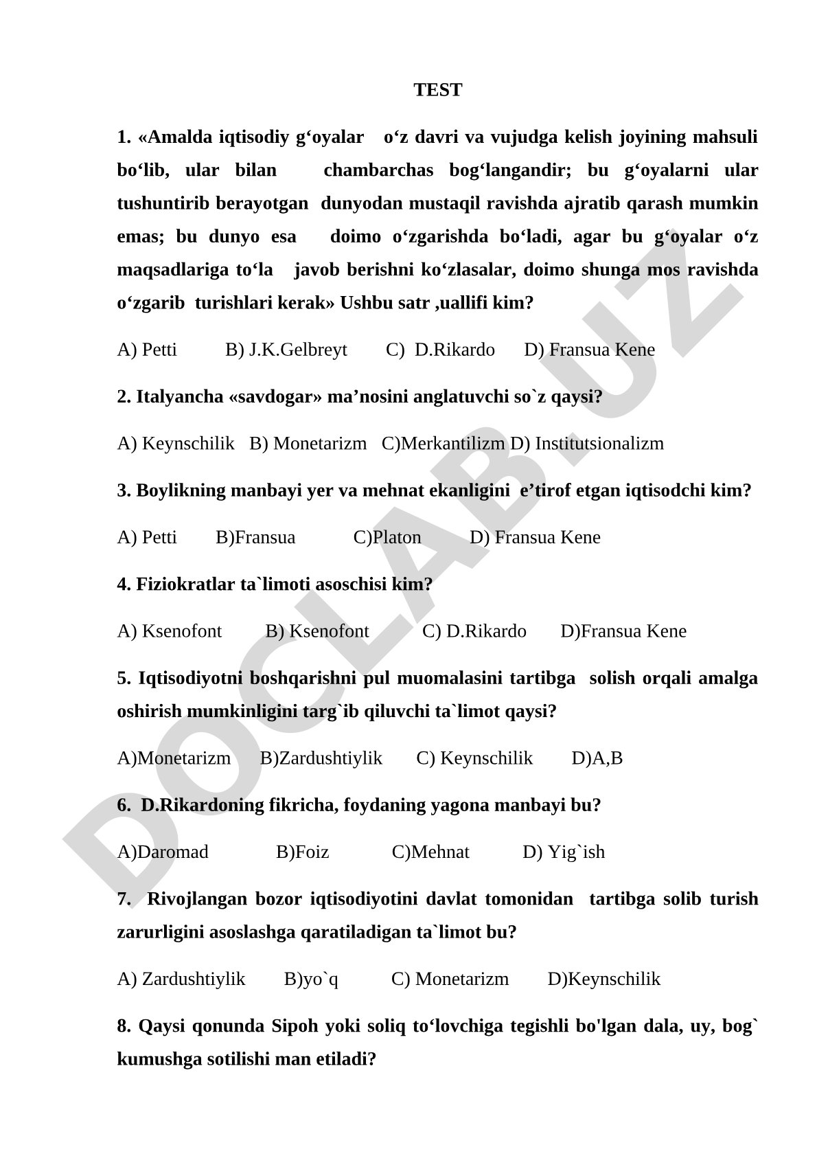 Iqtisodiy ta'limotlar tarixi bo'yicha test savollari