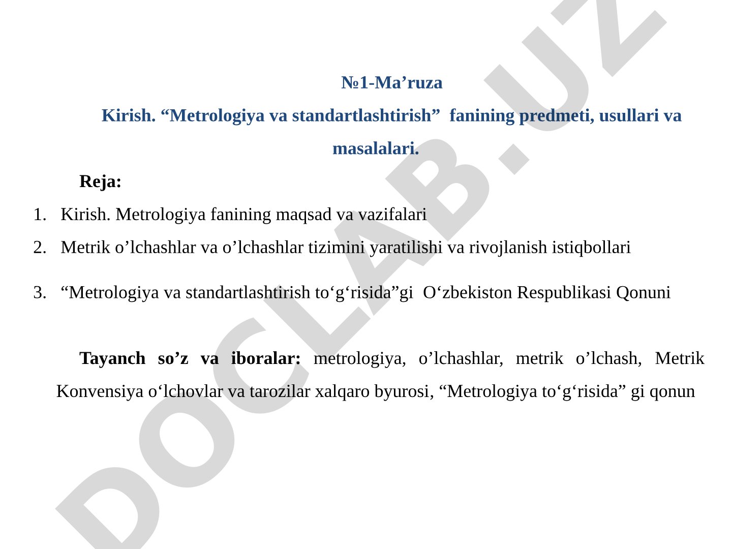 Kirish. Metrologiya va standartlashtirish fanining predmeti, usullari va masalalari