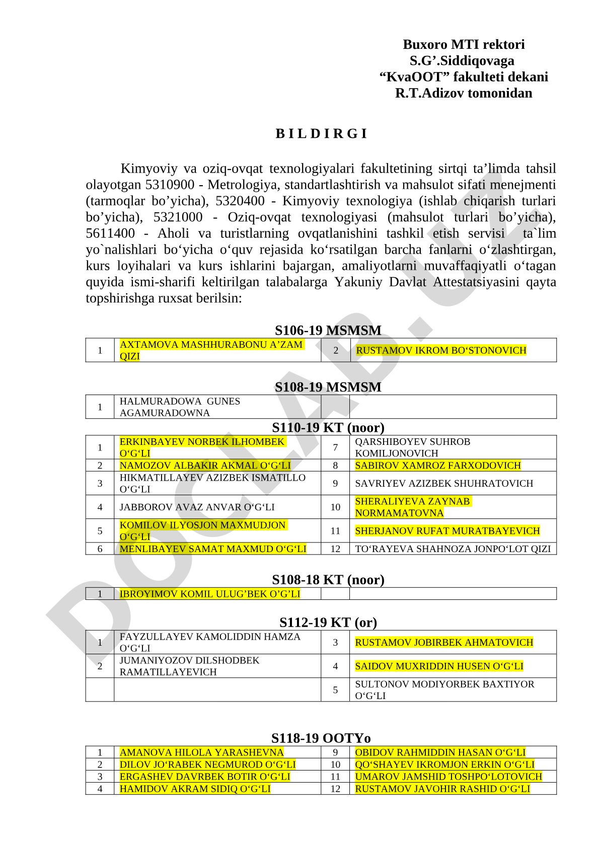 Yakuniy davlat attestatsiyasini qayta topshirishga ruxsat so'rovi