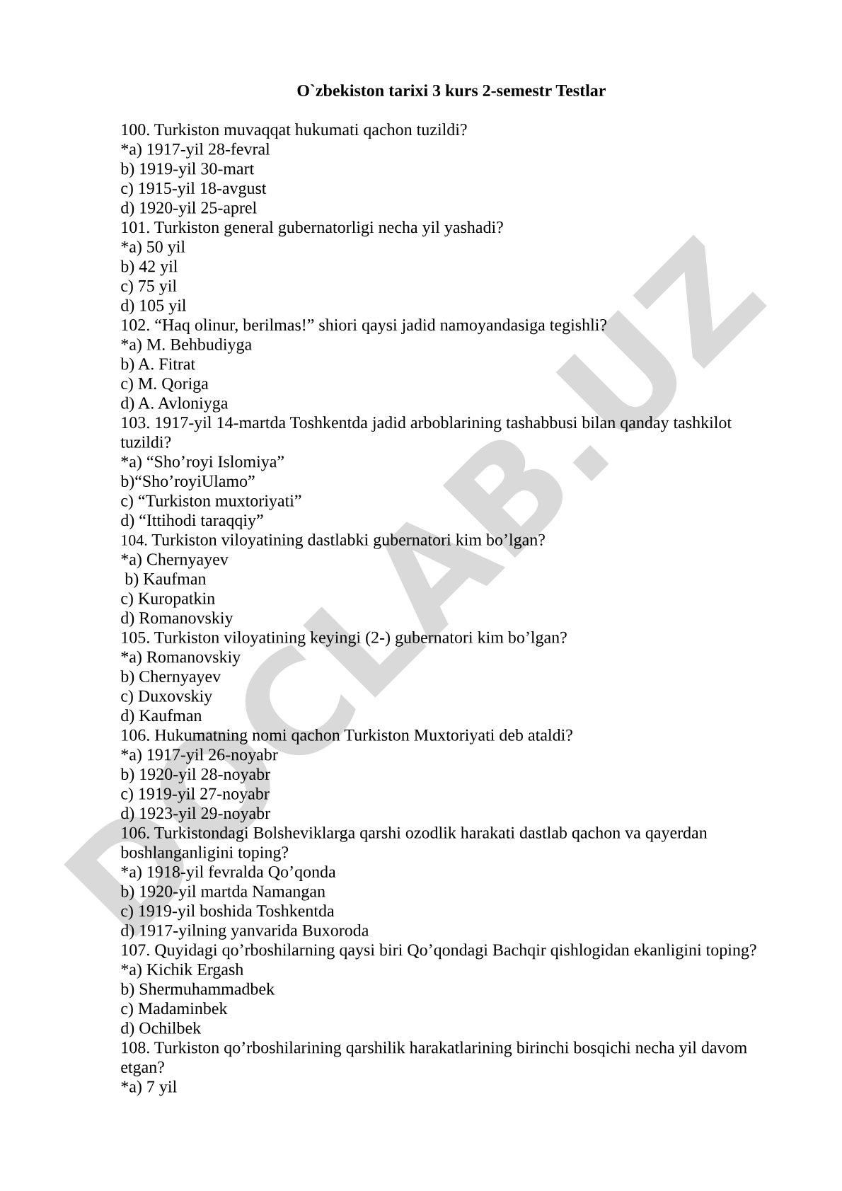 O`zbekiston tarixi 3 kurs 2-semestr Testlar 100