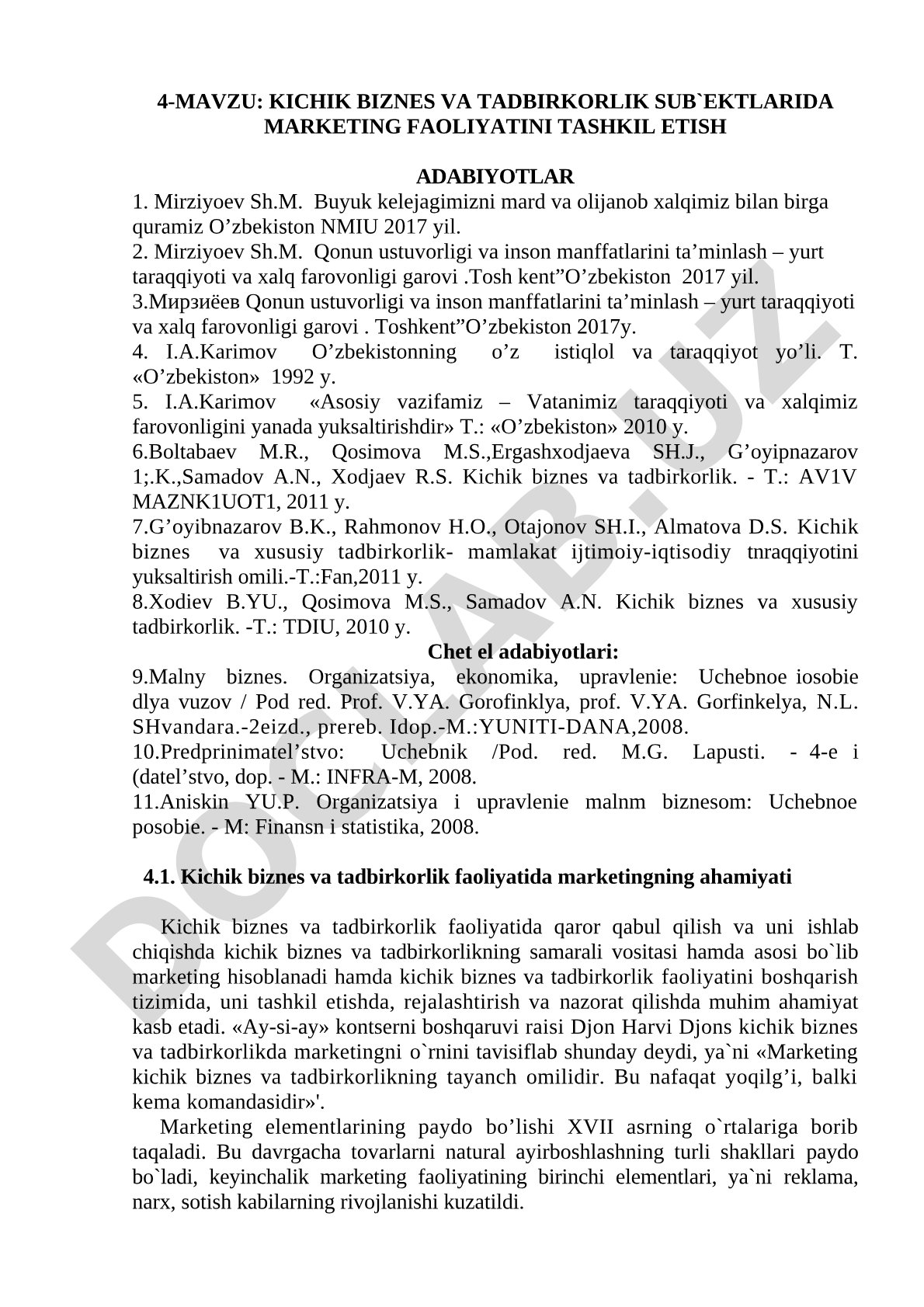 Kichik biznes va tadbirkorlik sub'ektlarida marketing faoliyatini tashkil etish