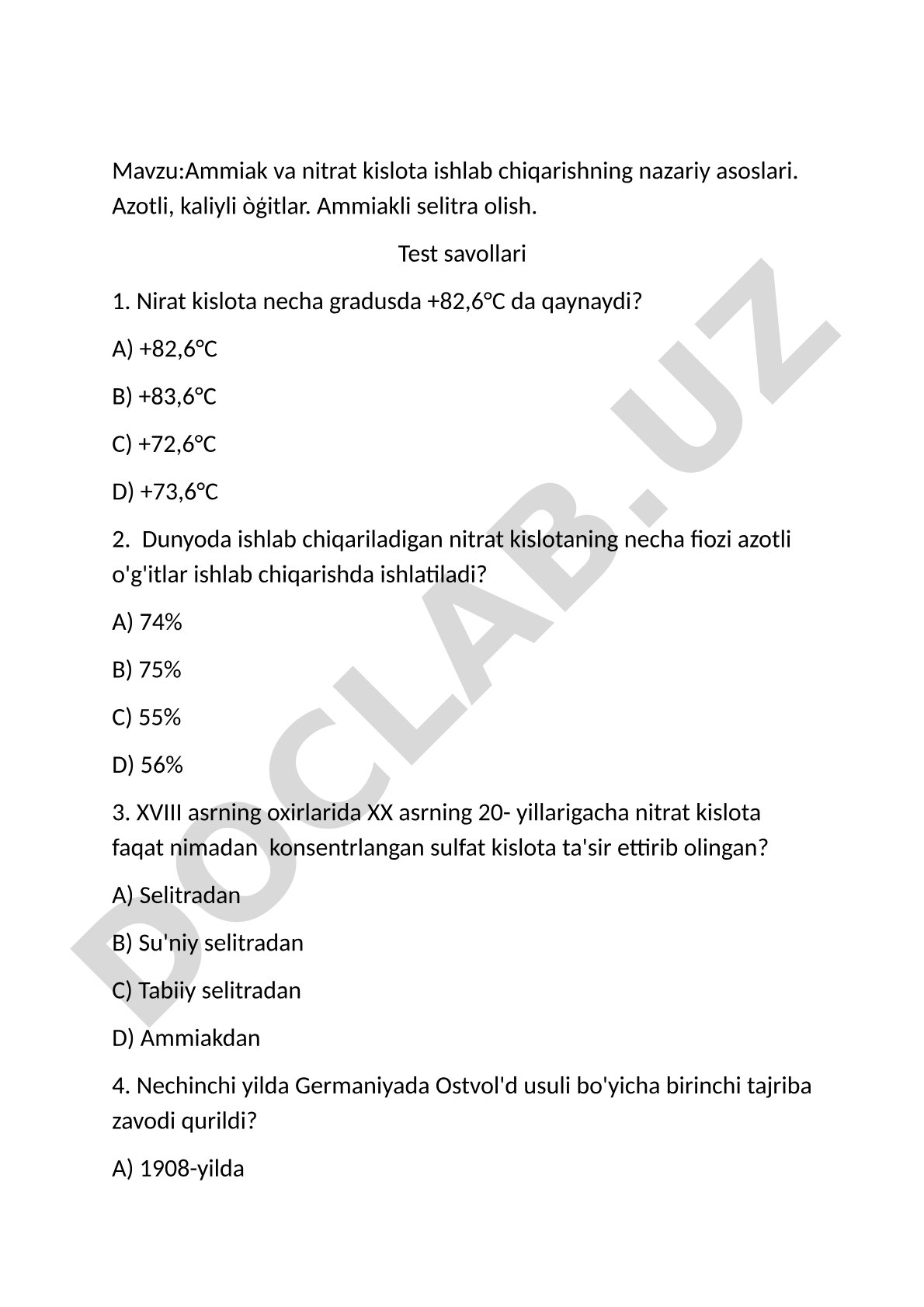 Ammiak va nitrat kislota ishlab chiqarishning nazariy asoslari. Azotli, kaliyli òg'itlar. Ammiakli selitra olish.