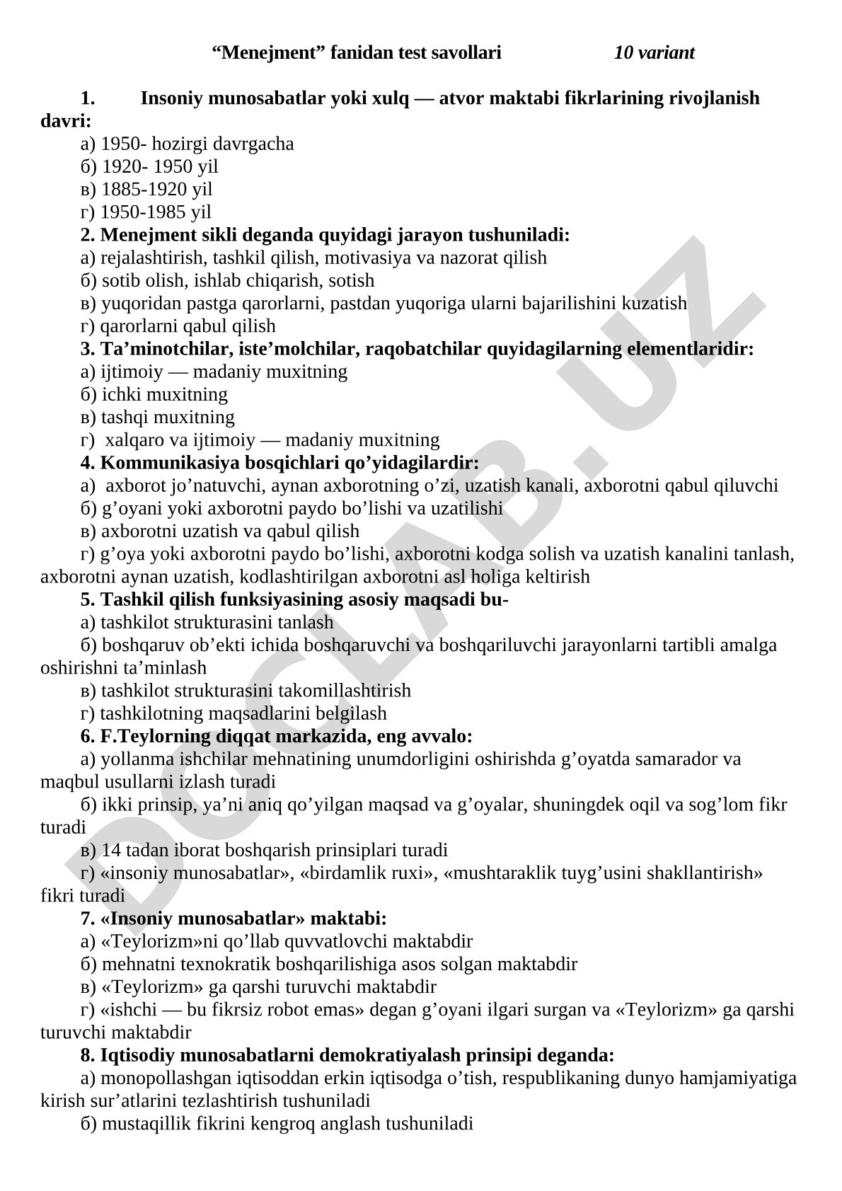 “Menejment” fanidan test savollari 10 variant