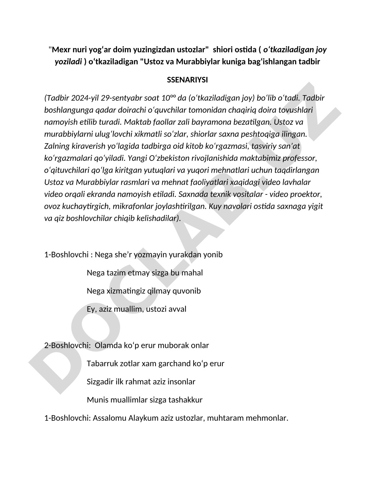 Ustoz va Murabbiylar kuniga bag'ishlangan tadbir ssenariysi