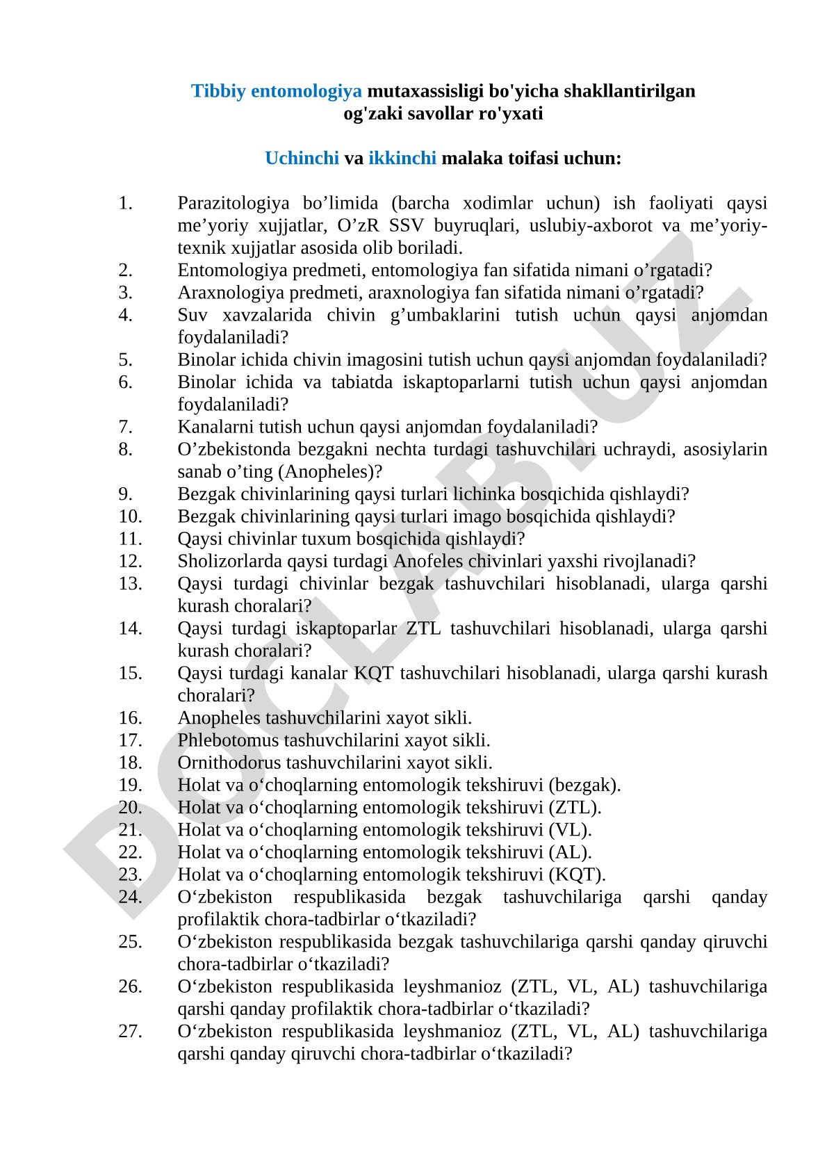 Tibbiy entomologiya mutaxassisligi bo'yicha og'zaki savollar ro'yxati