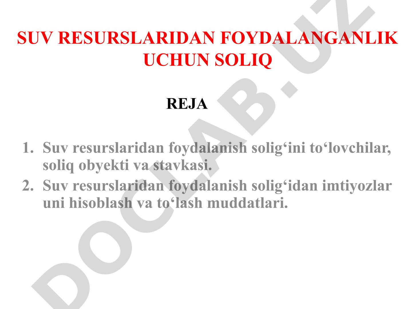 Suv resurslaridan foydalanganlik uchun soliq reja