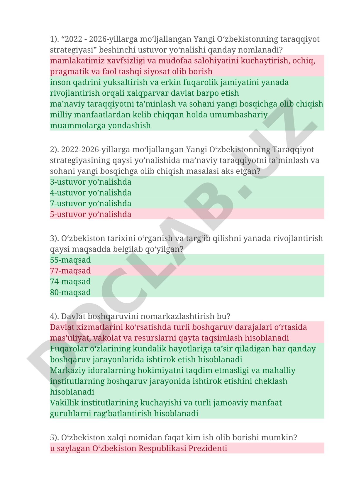 Yangi O'zbekiston taraqqiyot strategiyasi bo'yicha test savollari