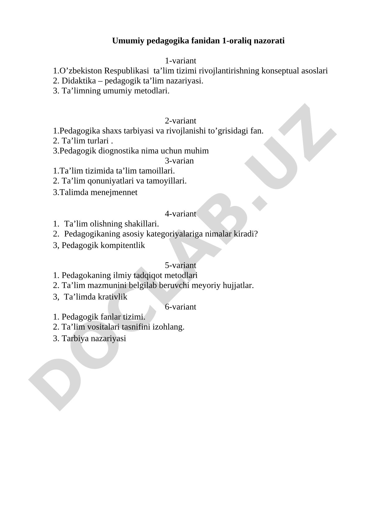 Umumiy pedagogika fanidan 1-oraliq nazorati variantlari