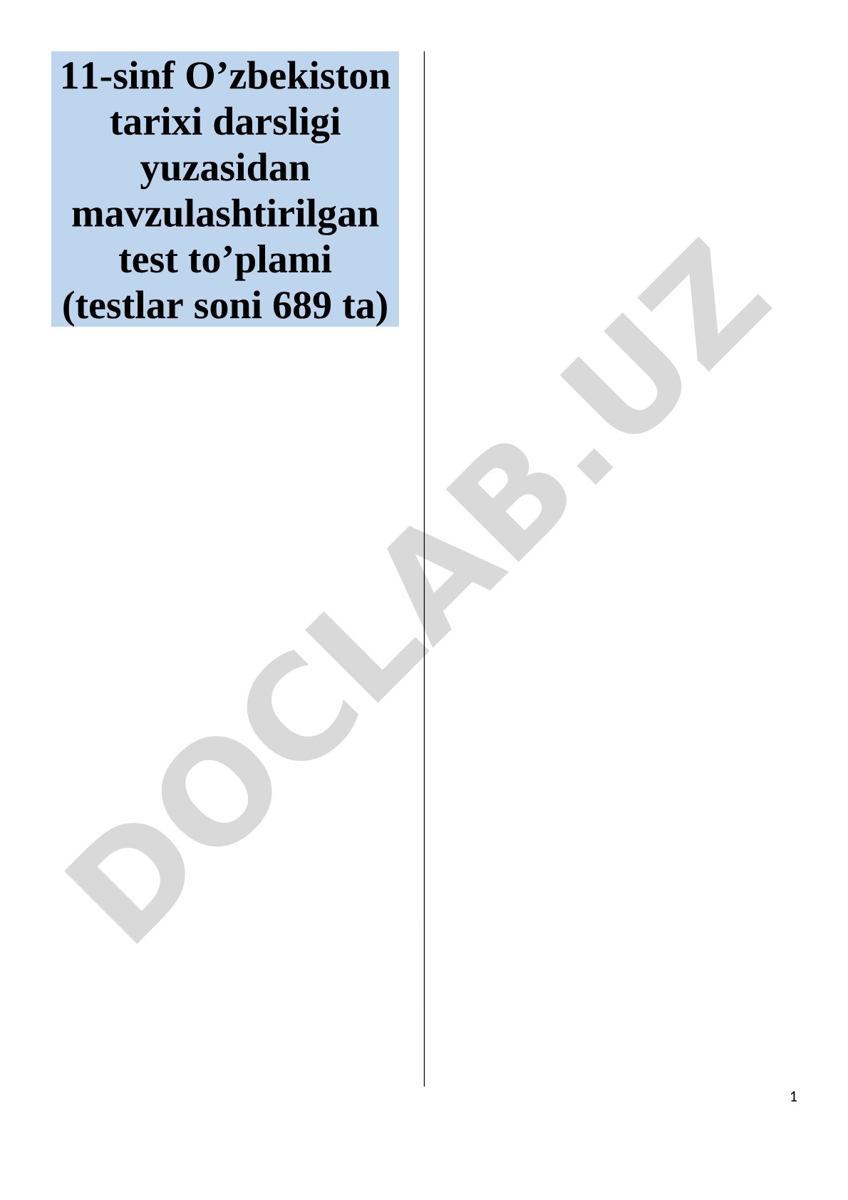 11-sinf O'zbekiston tarixi darsligi yuzasidan mavzulashtirilgan test to'plami