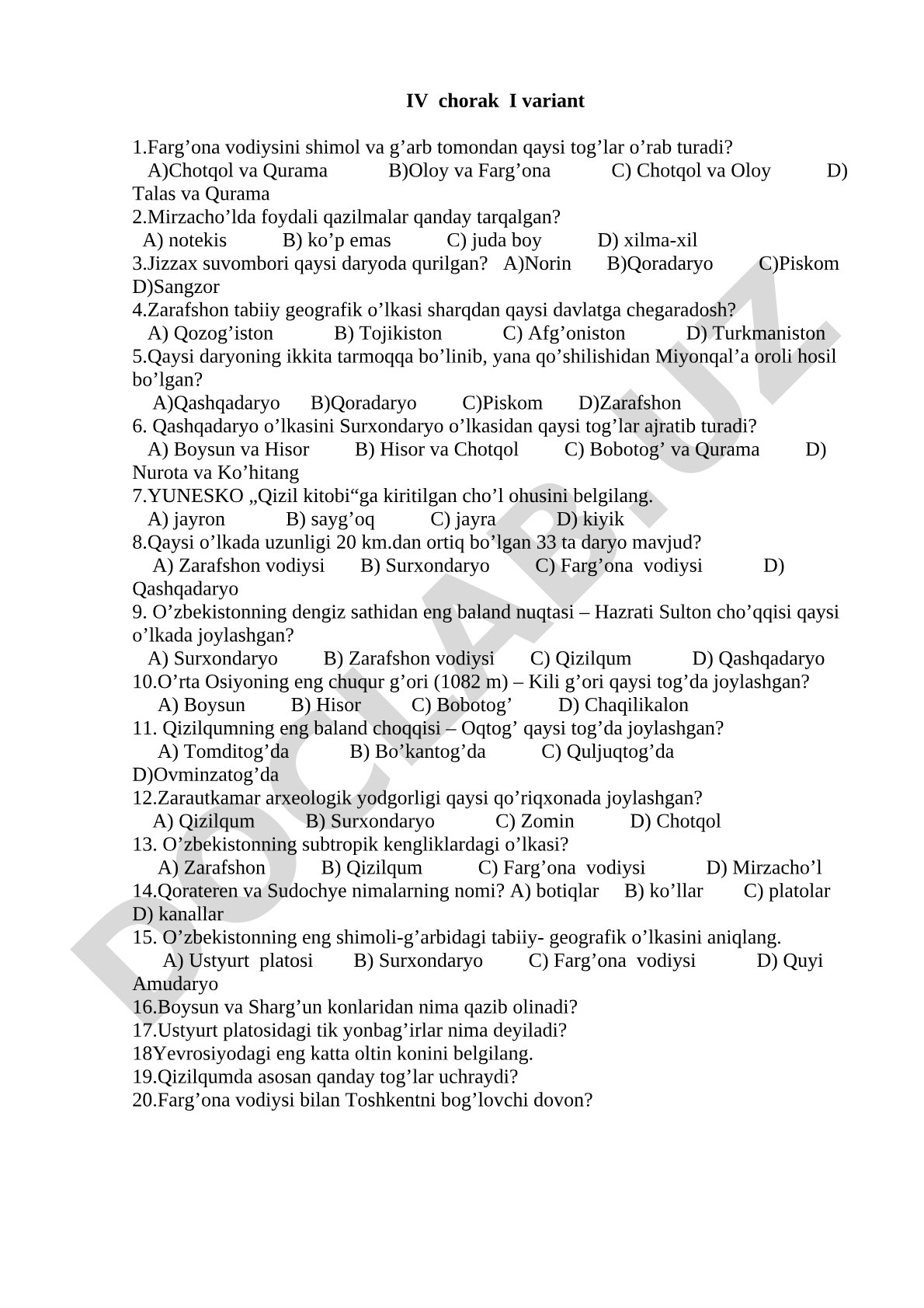 IV chorak I variant 1.Farg’ona vodiysini shimol va g’arb tomondan qaysi tog’lar o’rab turadi?