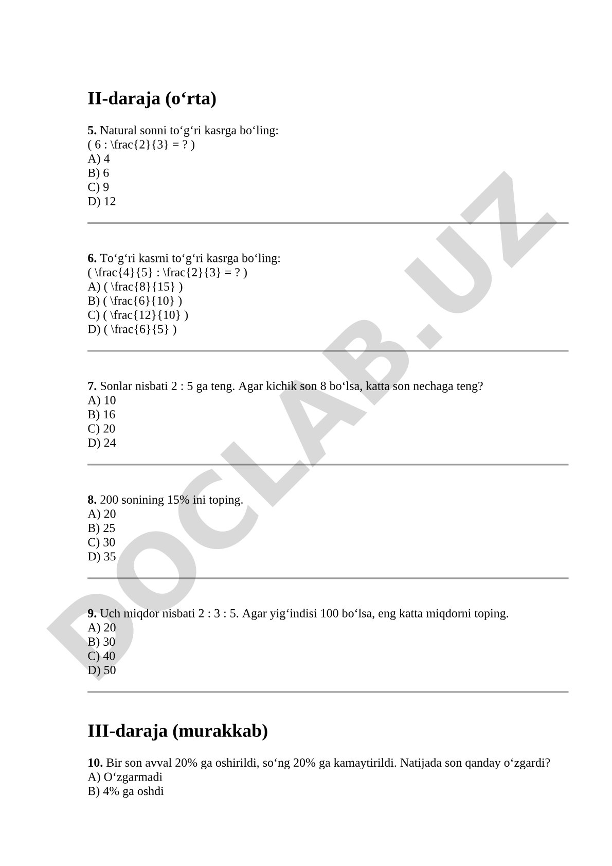 Matematikadan kasrlar, nisbatlar, foizlar va geometriyaga oid test
