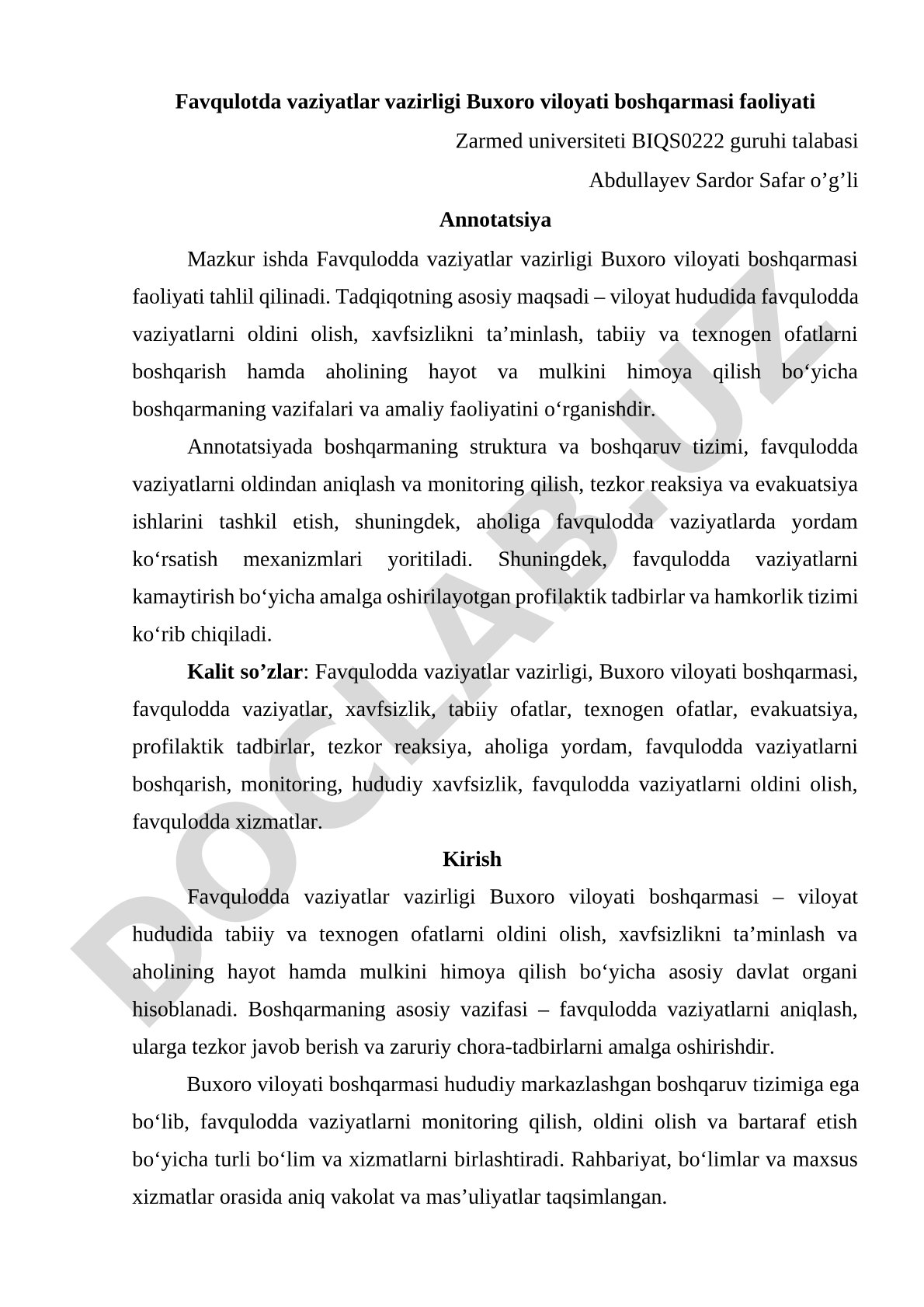 Favqulotda vaziyatlar vazirligi Buxoro viloyati boshqarmasi faoliyati