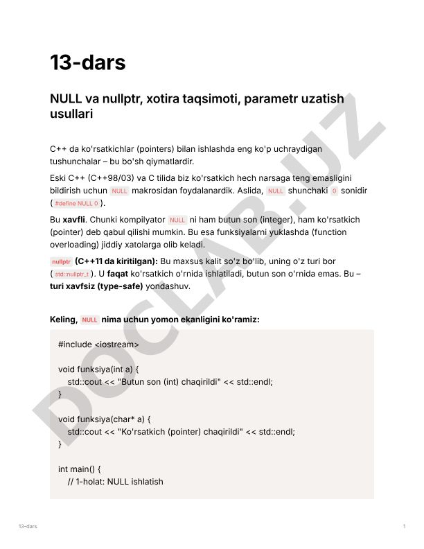 C++ da NULL va nullptr, xotira taqsimoti, parametr uzatish usullari