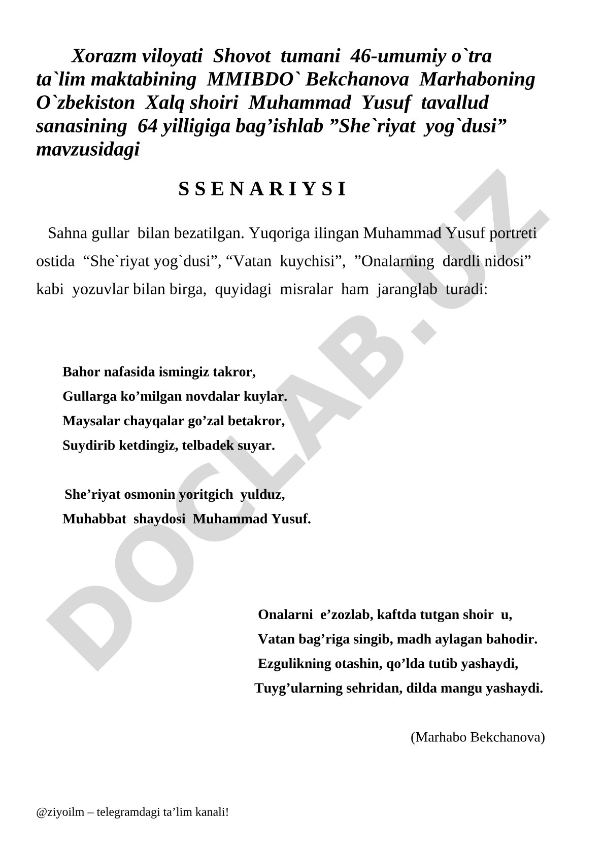 Muhammad Yusuf tavalludining 64 yilligiga bag'ishlangan 'She'riyat yog'dusi' ssenariysi
