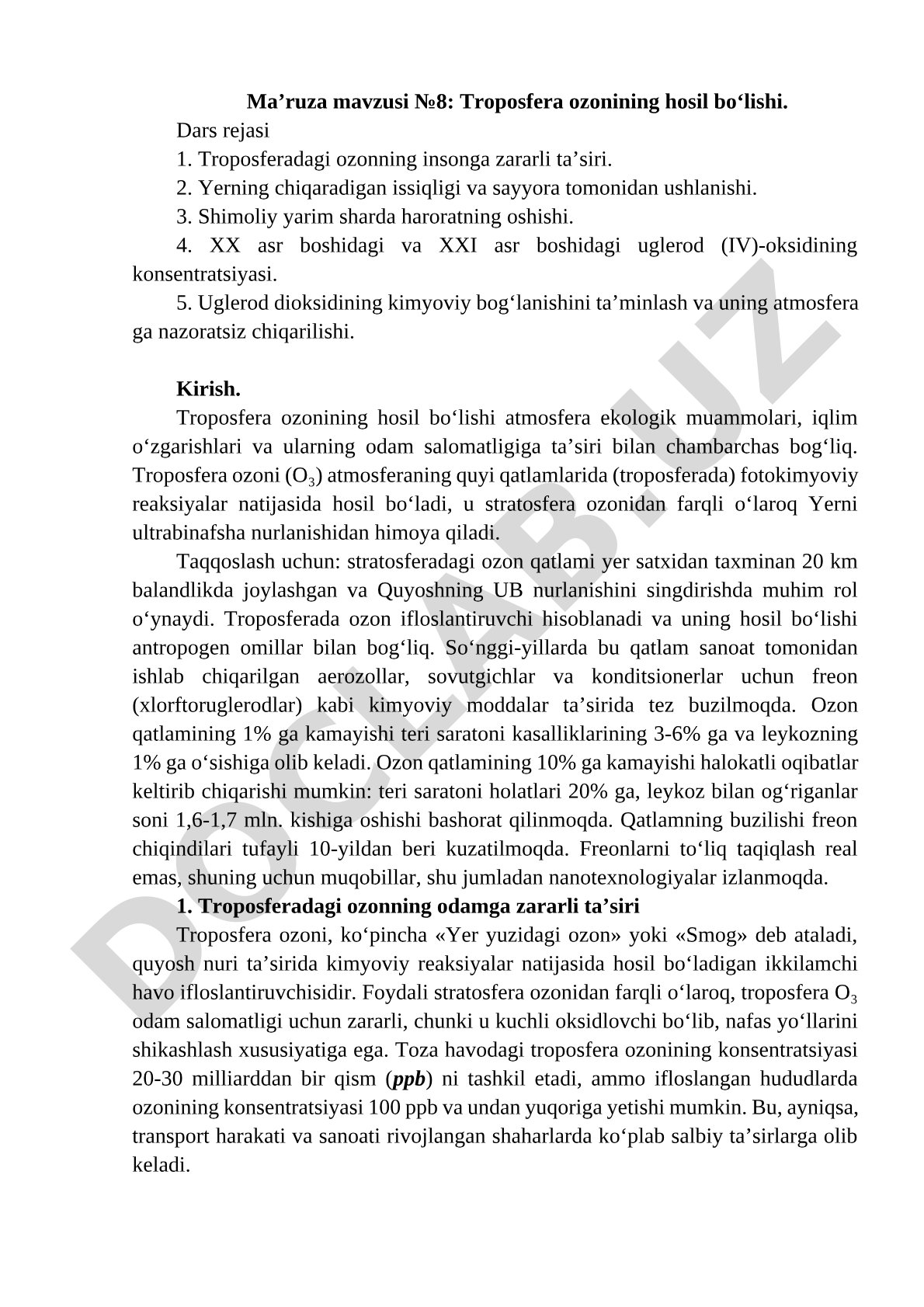 Troposfera ozonining hosil bo‘lishi