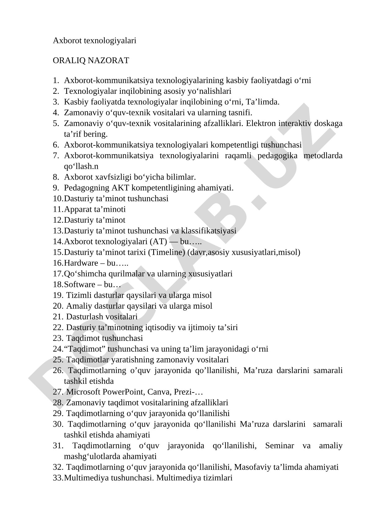 Axborot texnologiyalari oraliq nazorat
