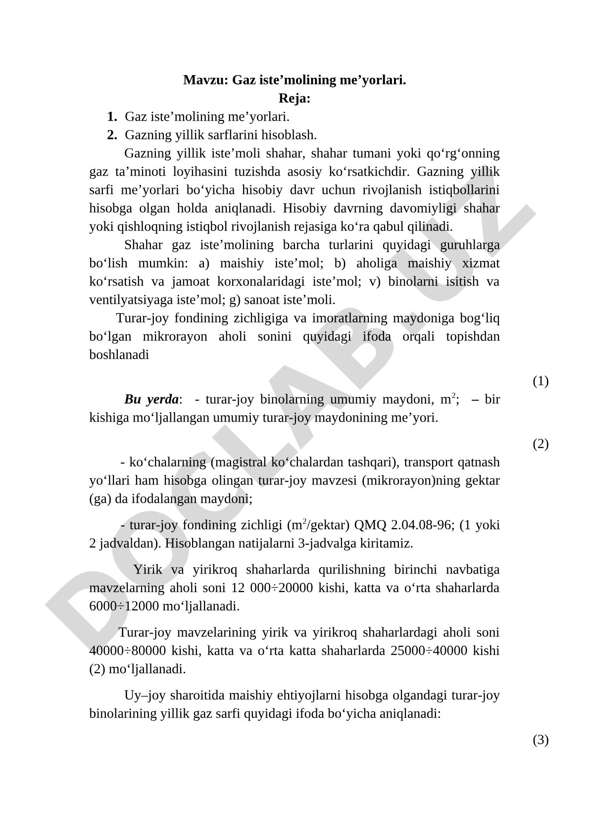 Gaz iste'moli me'yorlari, yillik sarflarni hisoblash va iste'mol guruhlari haqida