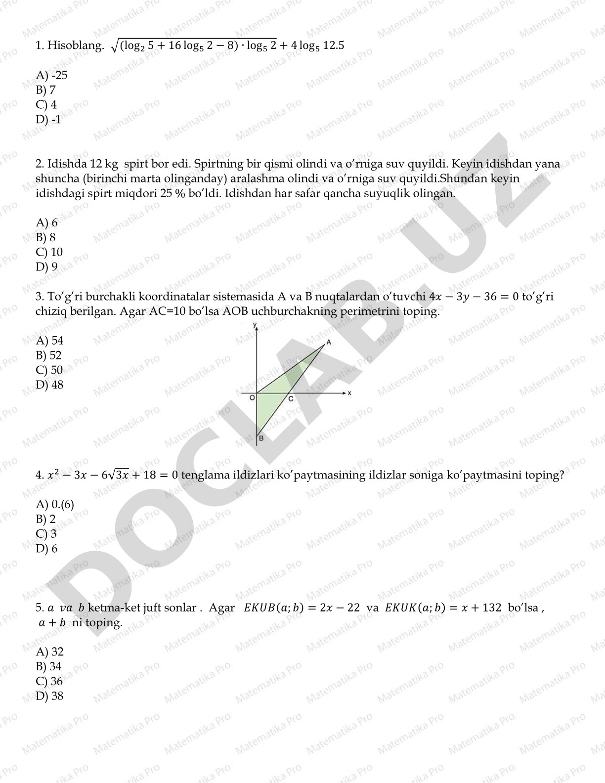 Matematika fanidan test savollari