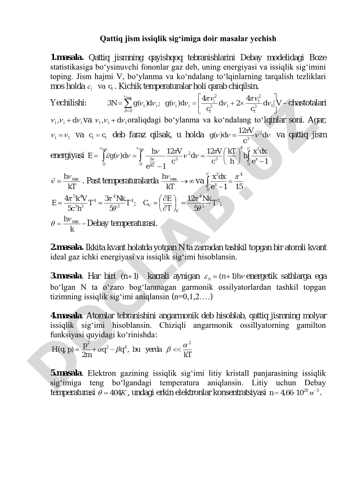 Qattiq jism issiqlik sig‘imiga doir masalar yechish