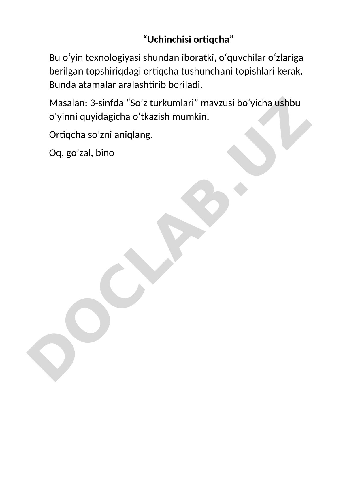Uchinchisi ortiqcha o'yin texnologiyasi asosida so'z turkumlarini aniqlash