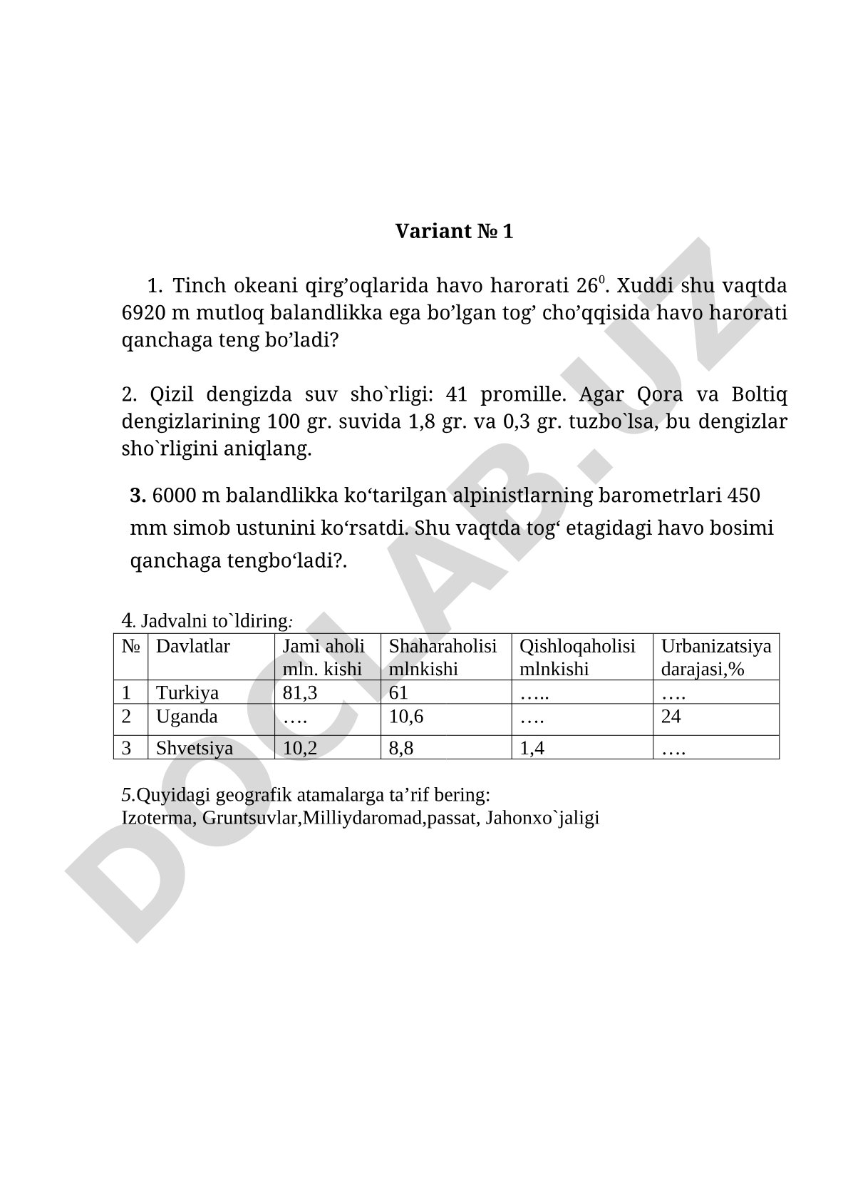 Geografiya fanidan masalalar va atamalar