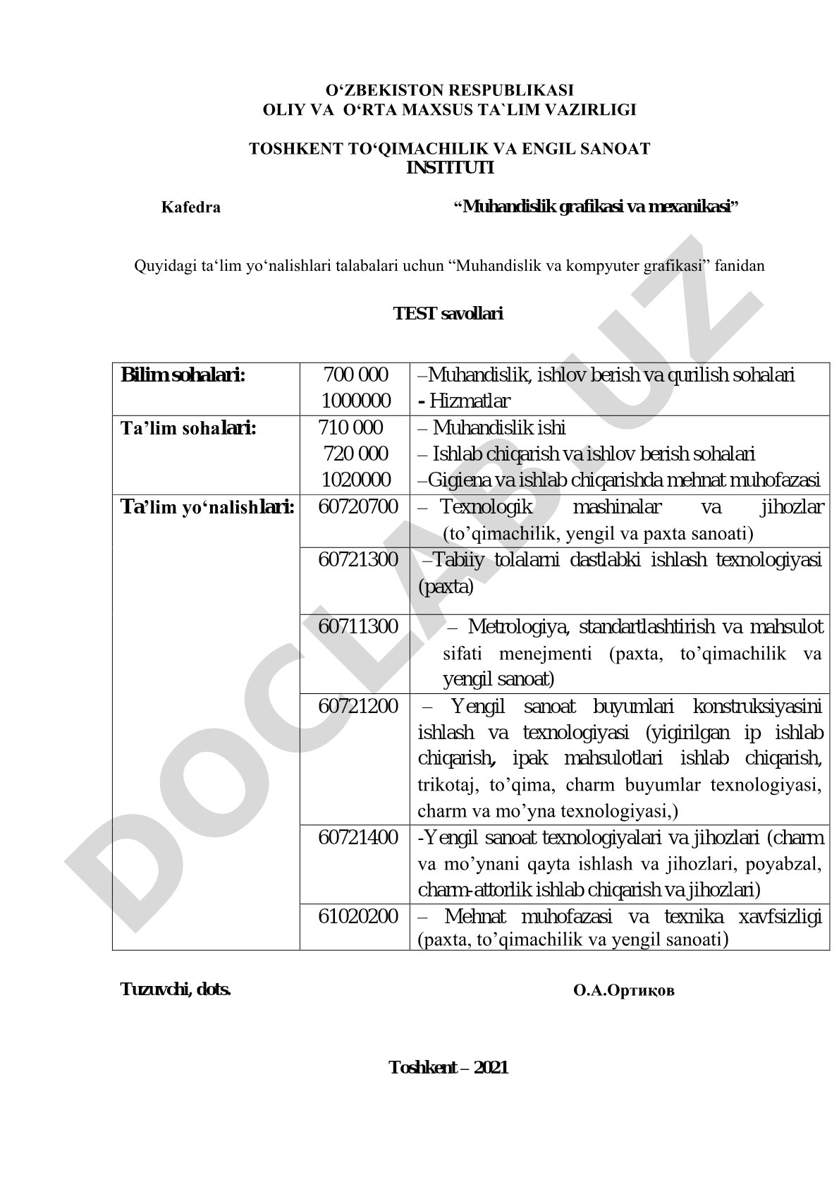Muhandislik va kompyuter grafikasi test savollari