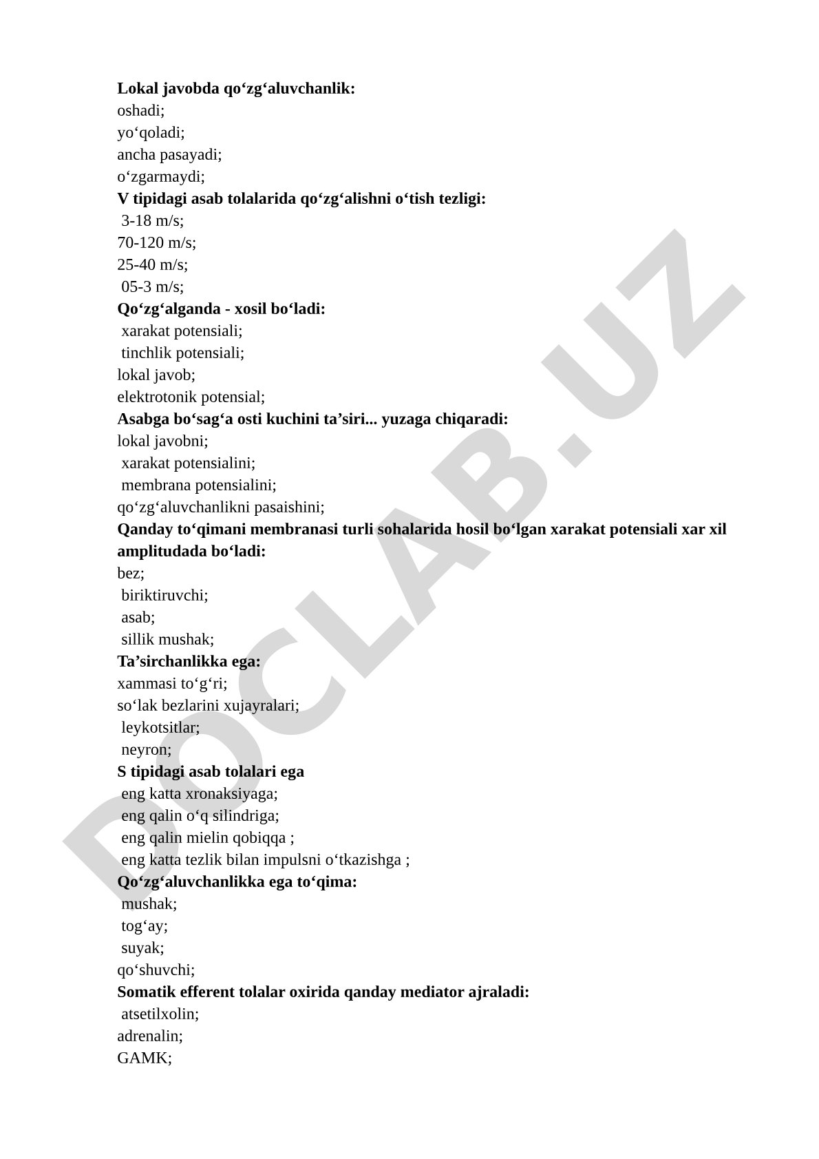 Fiziologiya bo'yicha test savollari