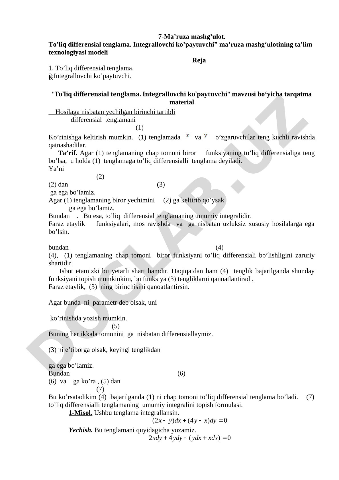 To’liq differensial tenglama. Integrallovchi ko’paytuvchi