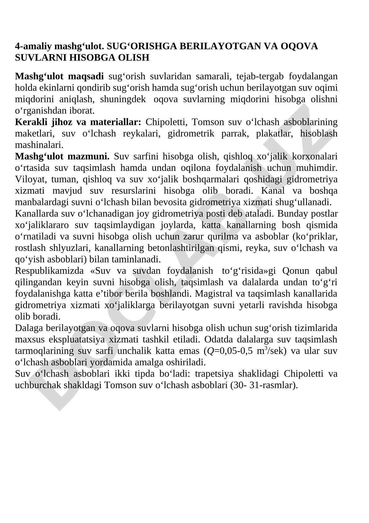 Sug'orishga berilayotgan va oqova suvlarni hisobga olish