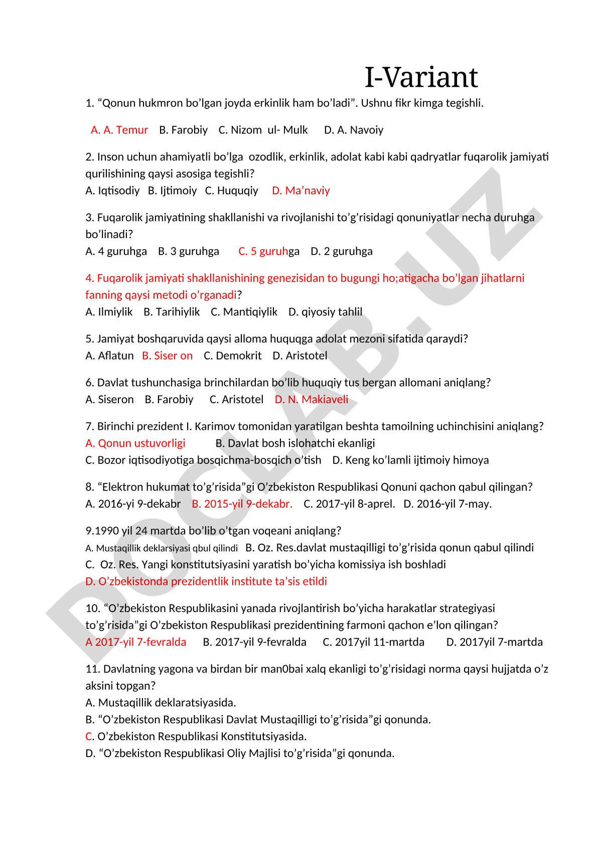 Fuqarolik jamiyati va huquq asoslari test savollari