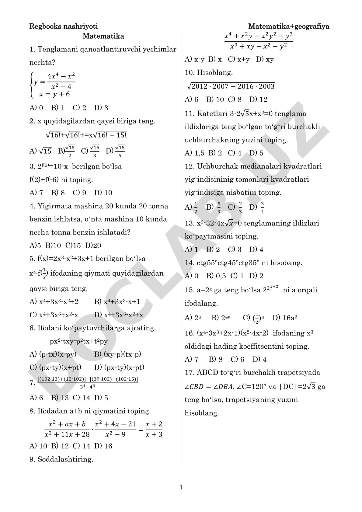 Matematika fanidan test savollari to'plami