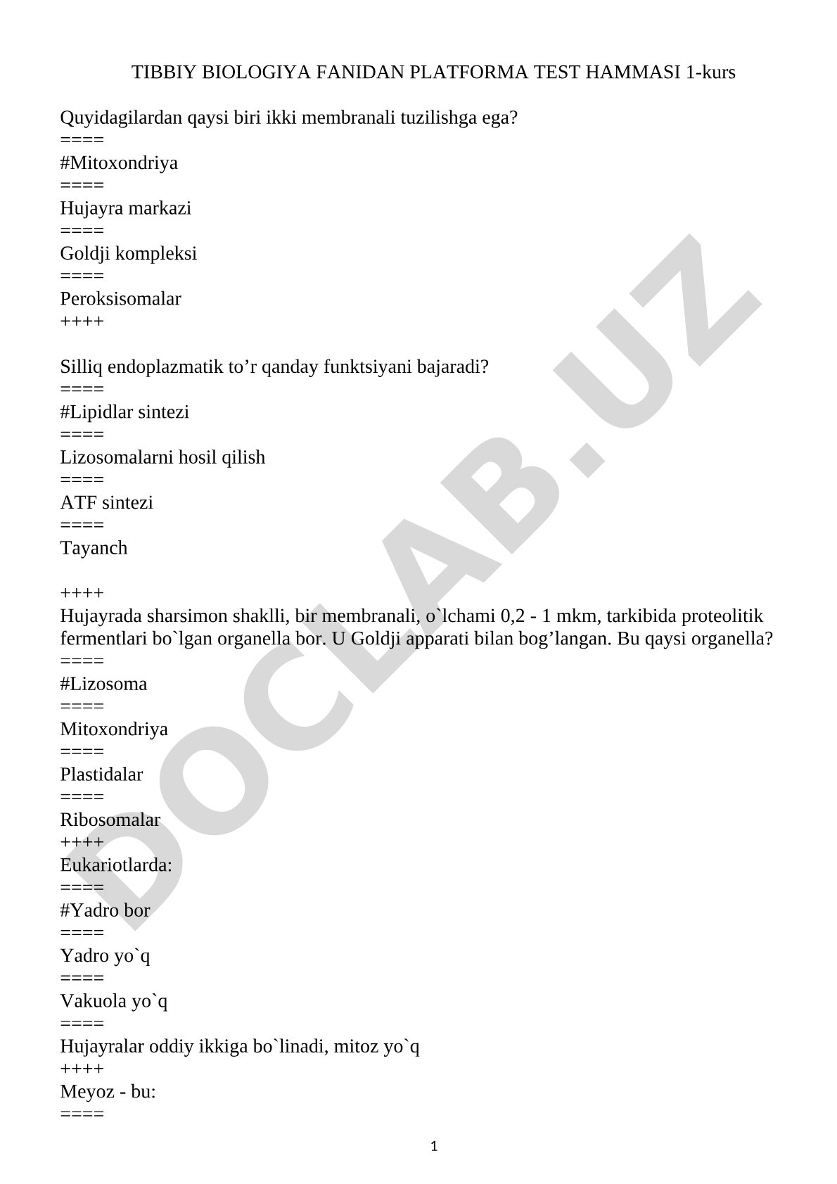 Tibbiy biologiya fanidan platforma test hammasi 1-kurs