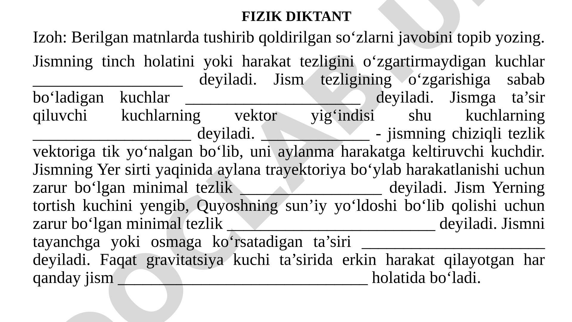 Fizik diktant: Kuchlar, tezliklar va mexanik to'lqinlar