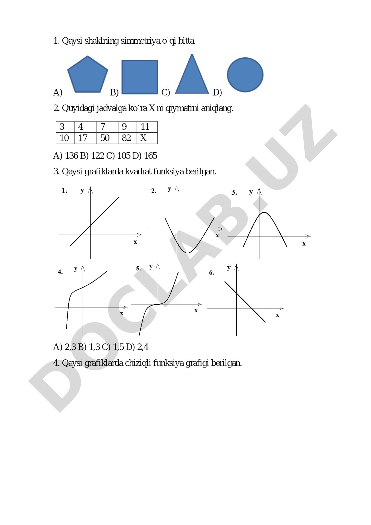 Matematika fanidan test savollari